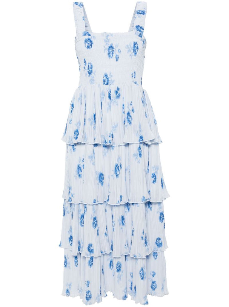 Blue Floral-print Pleated Midi Dress