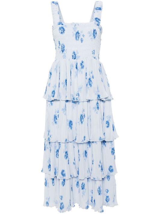 Blue Floral-print Pleated Midi Dress