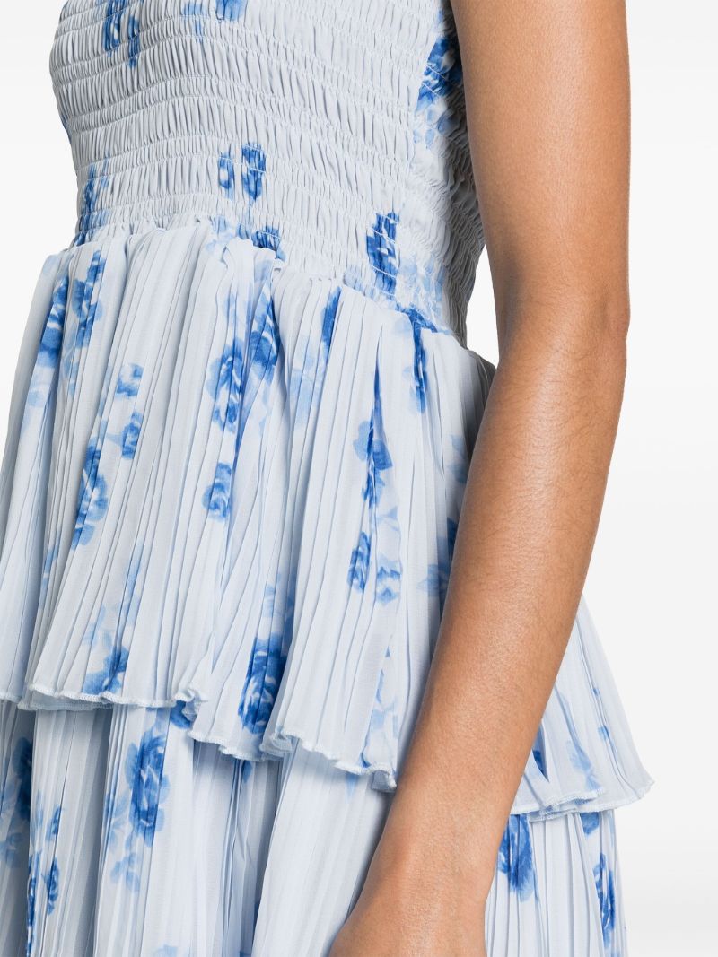Blue Floral-print Pleated Midi Dress