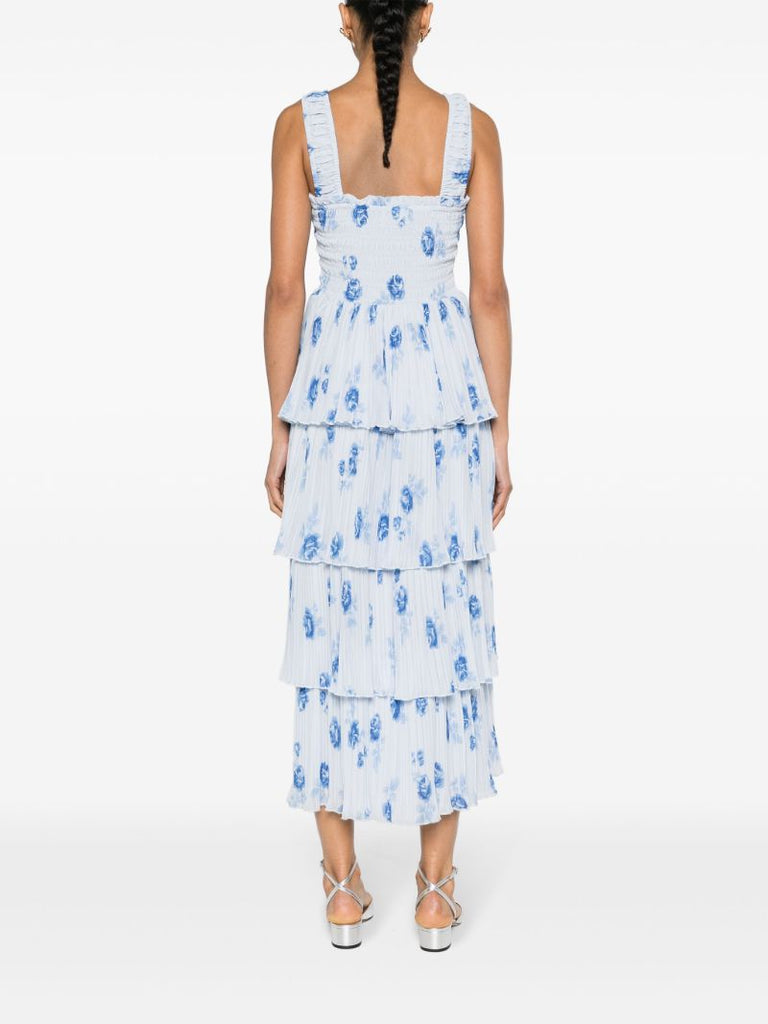 Blue Floral-print Pleated Midi Dress
