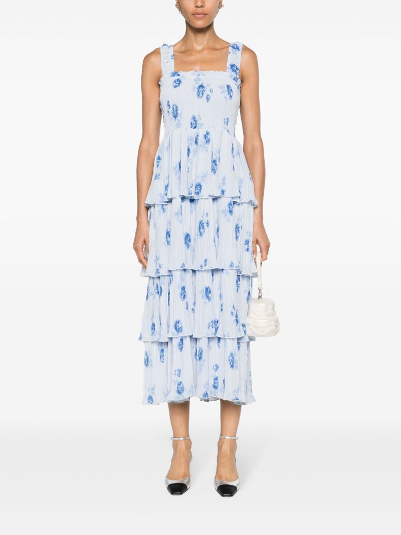 Blue Floral-print Pleated Midi Dress