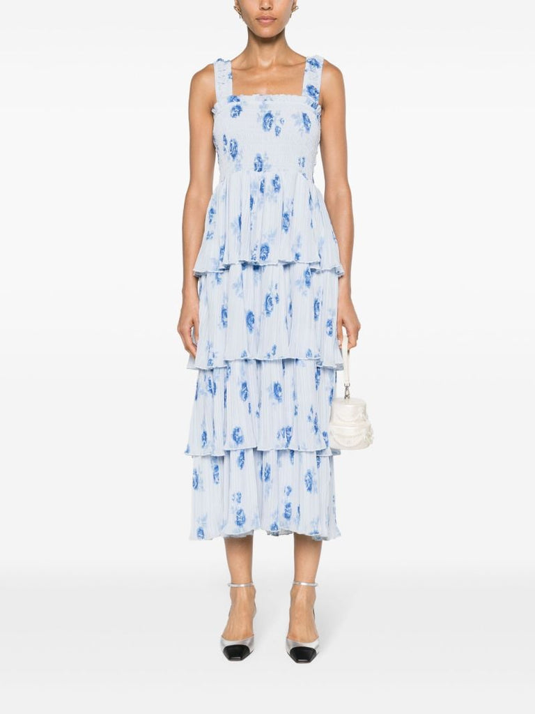 Blue Floral-print Pleated Midi Dress