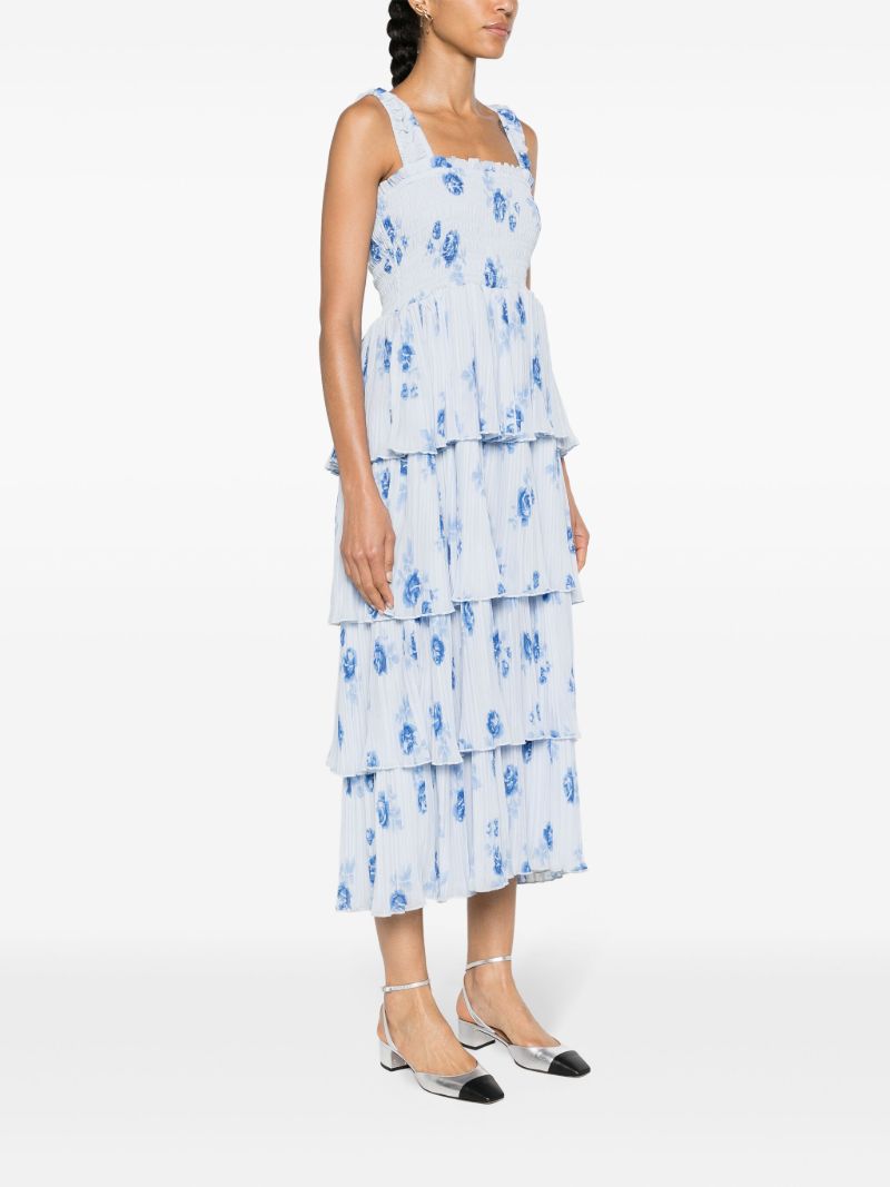 Blue Floral-print Pleated Midi Dress