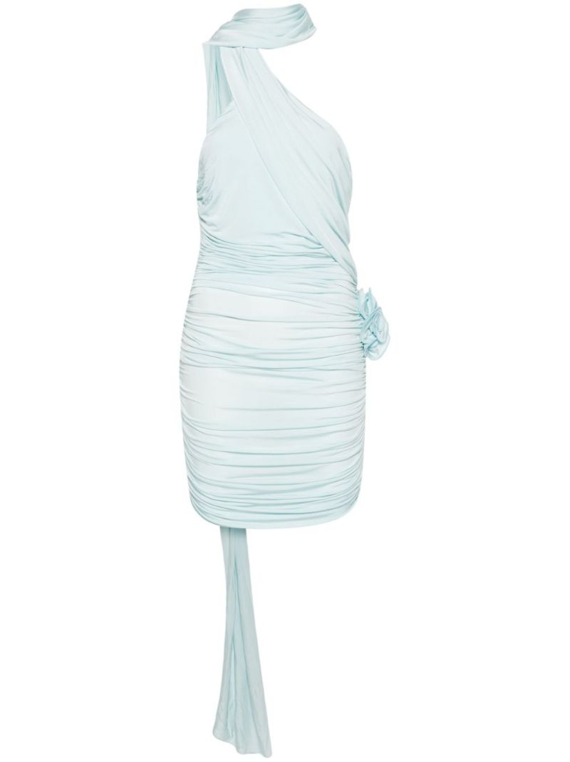 Blue Floral Applique Draped Jersey Dress