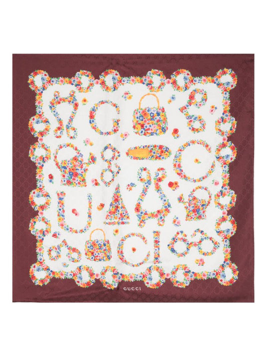 Red Gg-jacquard Floral Silk Scarf