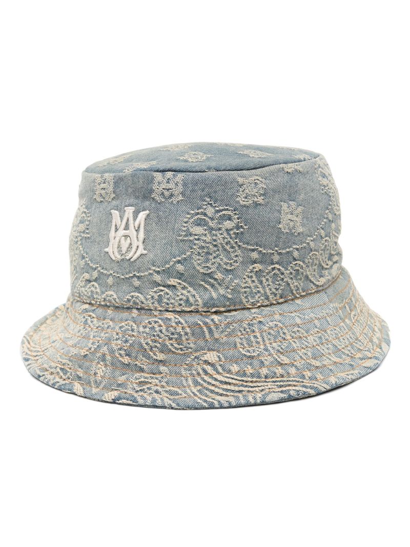 Blue Bandana-embroidered Cotton Bucket Hat