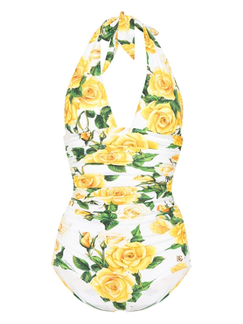 White Rose Print Halterneck Swimsuit
