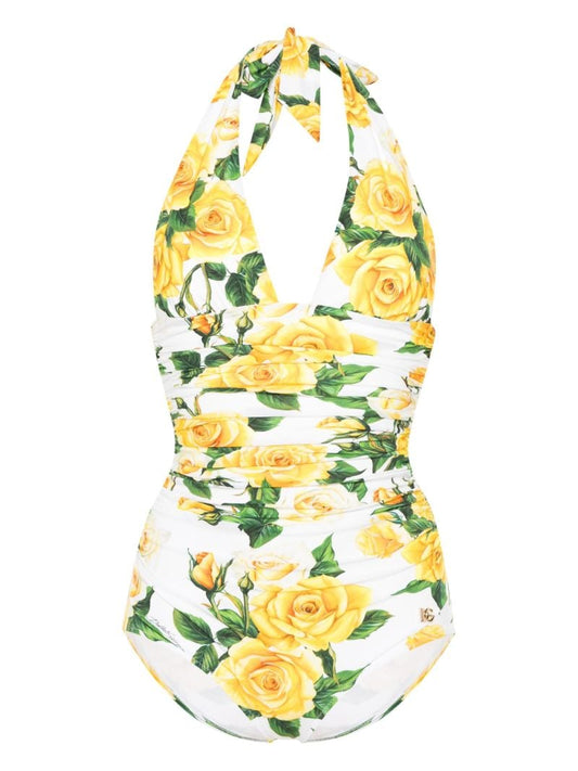 White Rose Print Halterneck Swimsuit