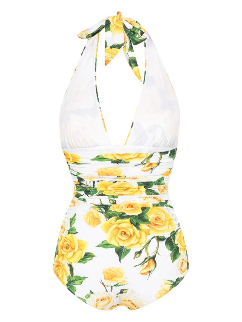 White Rose Print Halterneck Swimsuit