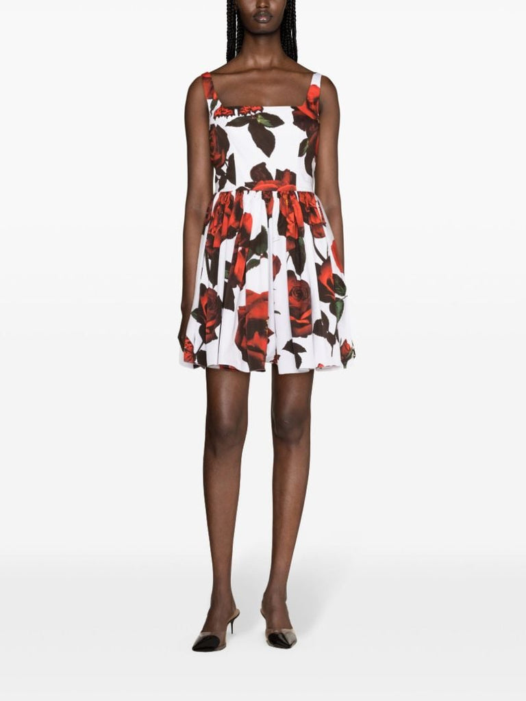 White Floral-print Flared Mini Dress