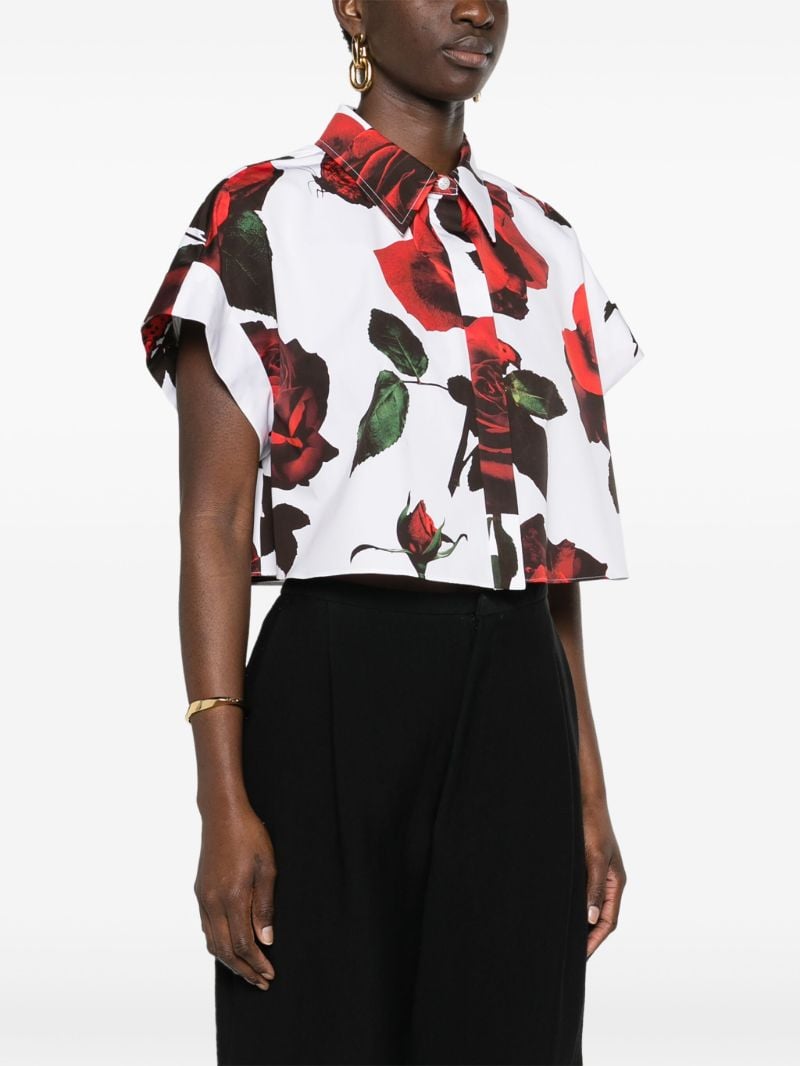 White Rose-print Cotton Cropped Shirt