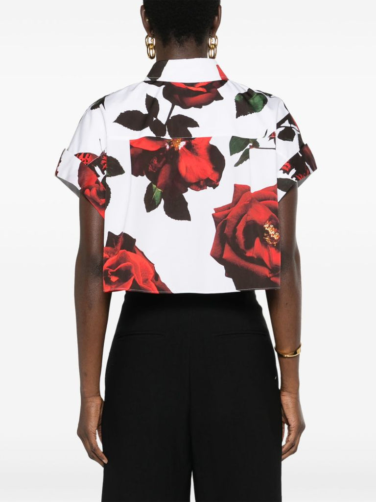 White Rose-print Cotton Cropped Shirt