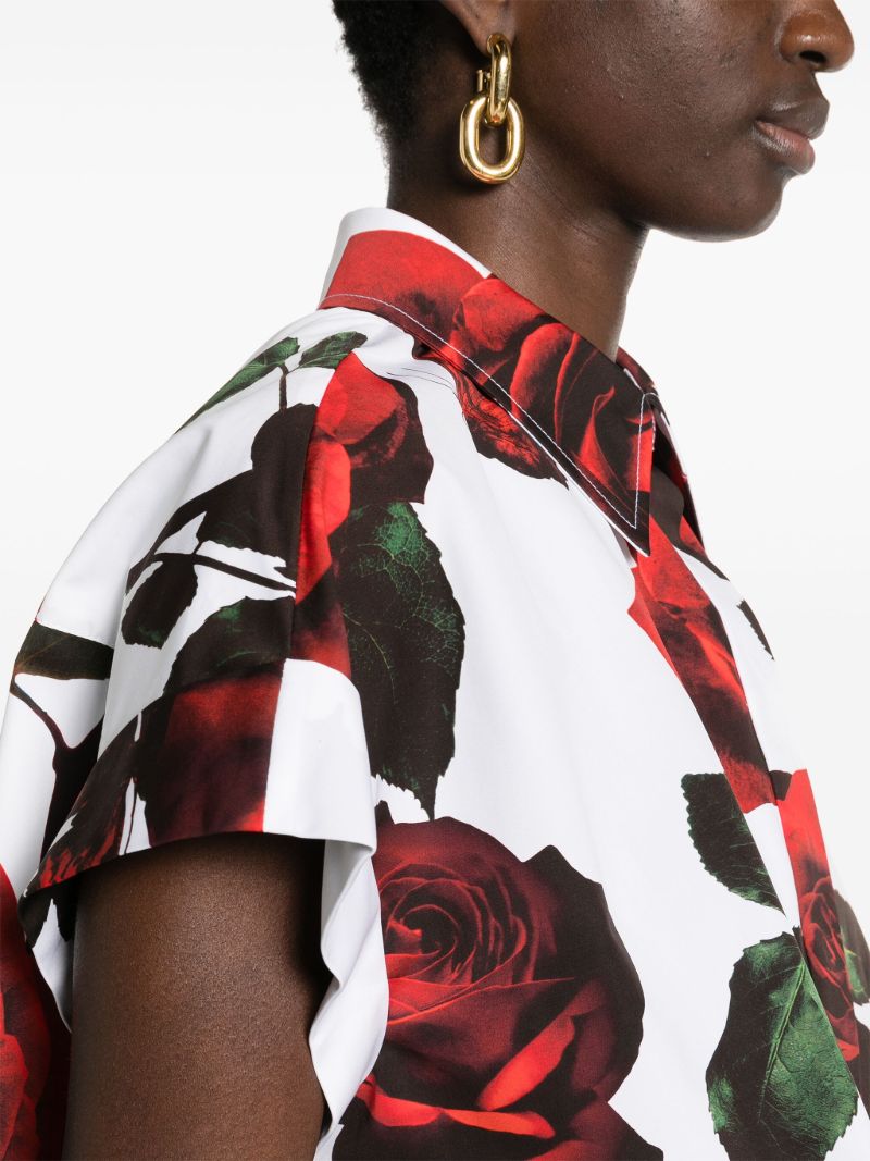 White Rose-print Cotton Cropped Shirt