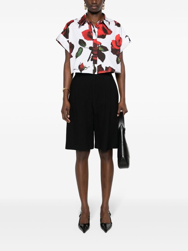 White Rose-print Cotton Cropped Shirt