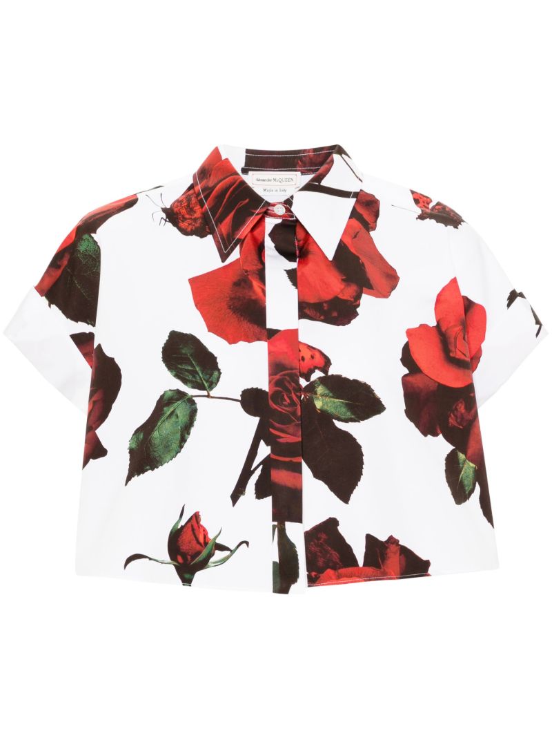 White Rose-print Cotton Cropped Shirt