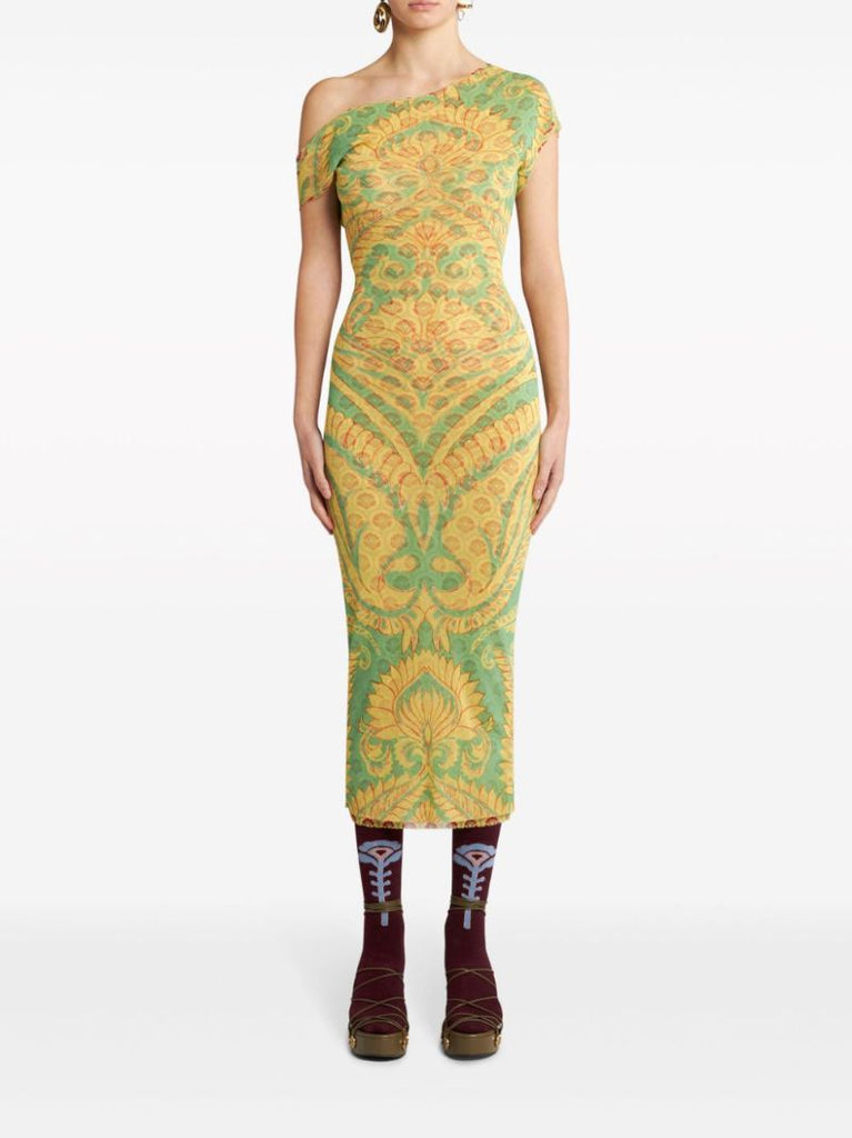 Yellow Printed Mesh Midi Dress