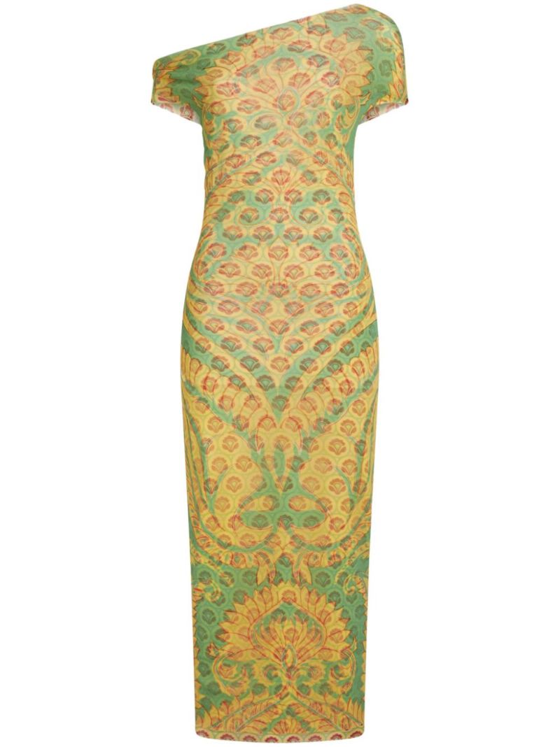 Yellow Printed Mesh Midi Dress