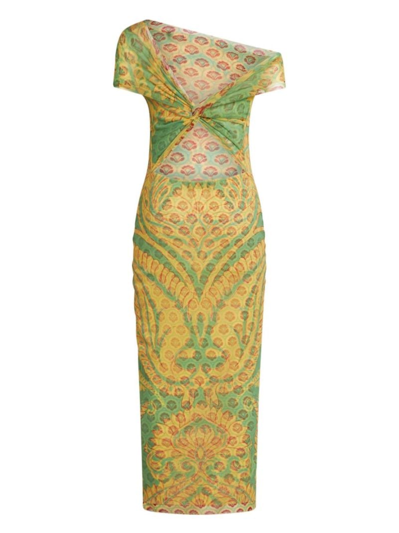 Yellow Printed Mesh Midi Dress