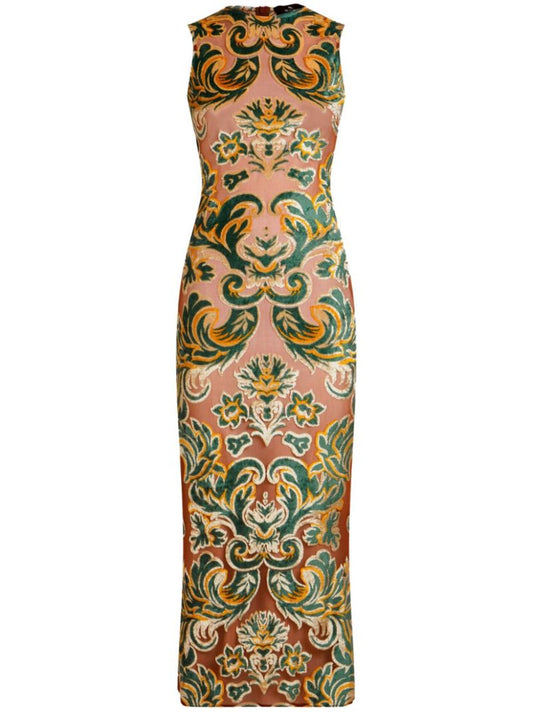 Brown Flocked Mesh Midi Dress