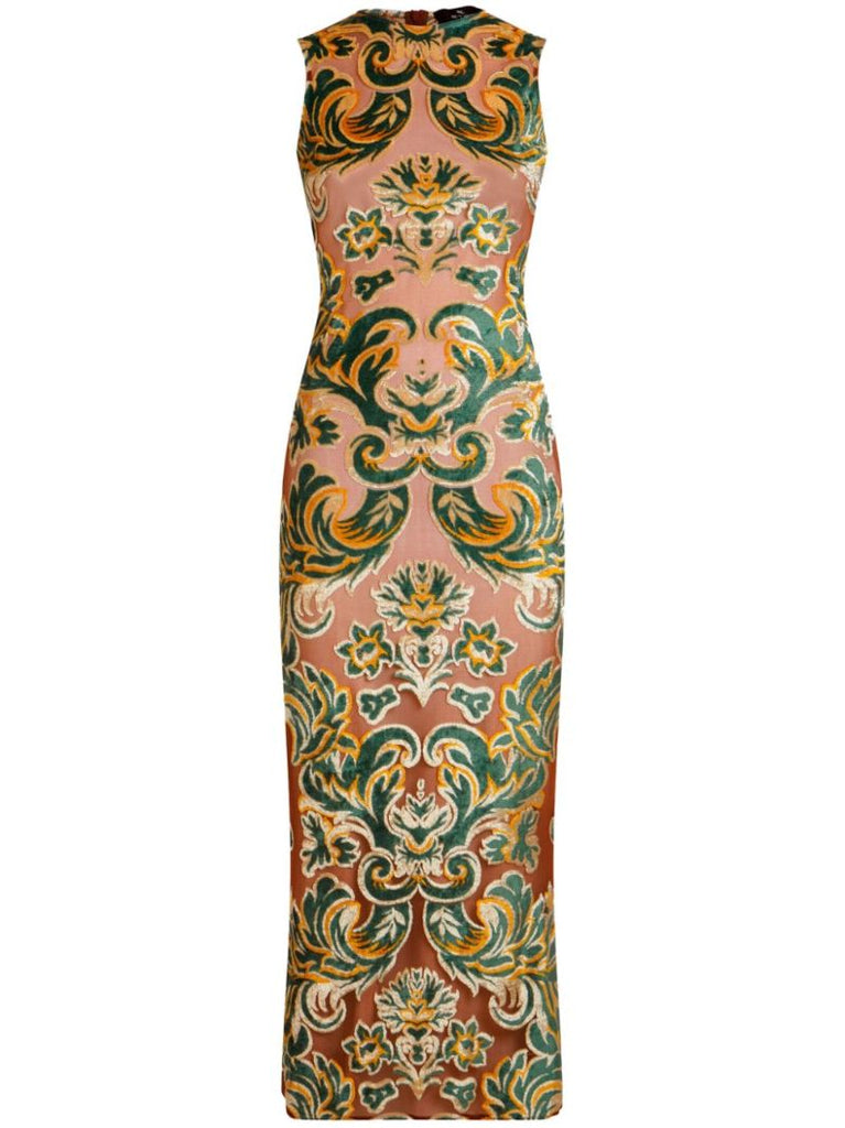 Brown Flocked Mesh Midi Dress
