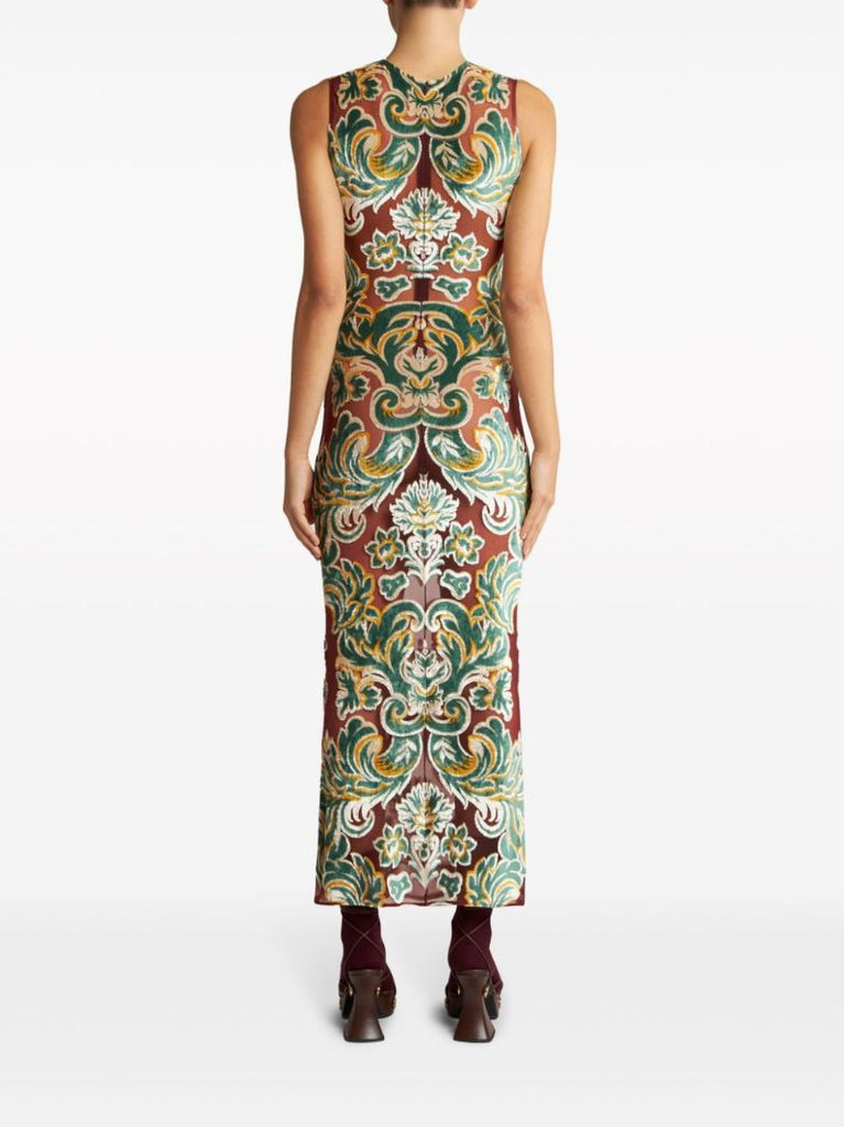 Brown Flocked Mesh Midi Dress
