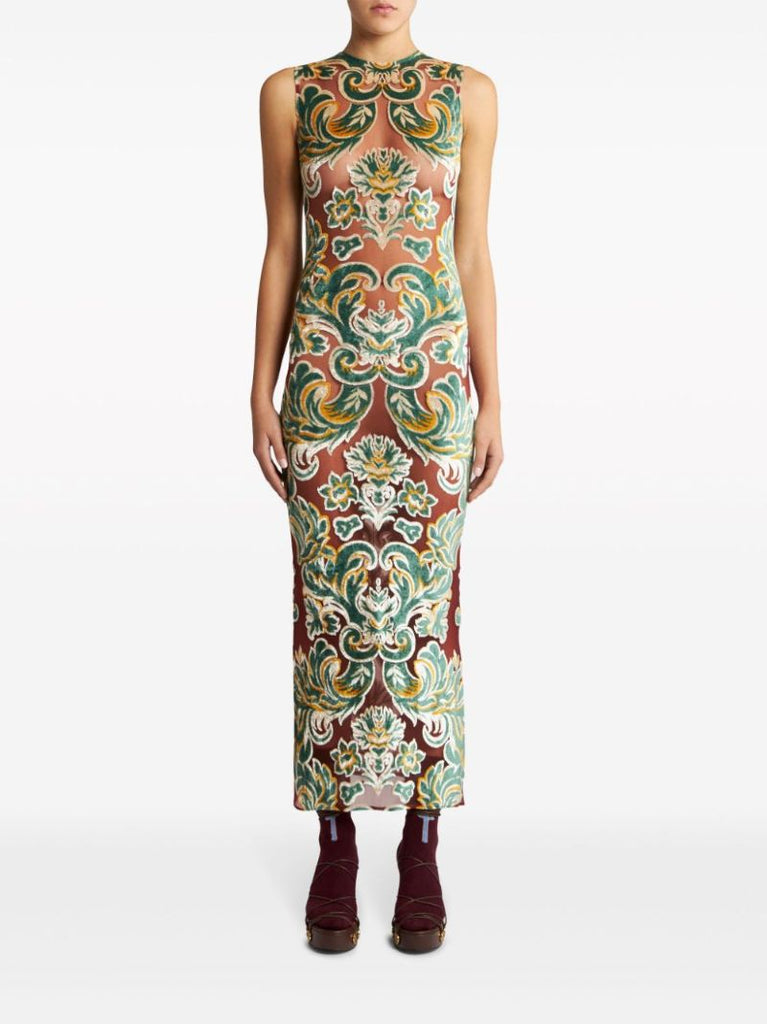 Brown Flocked Mesh Midi Dress