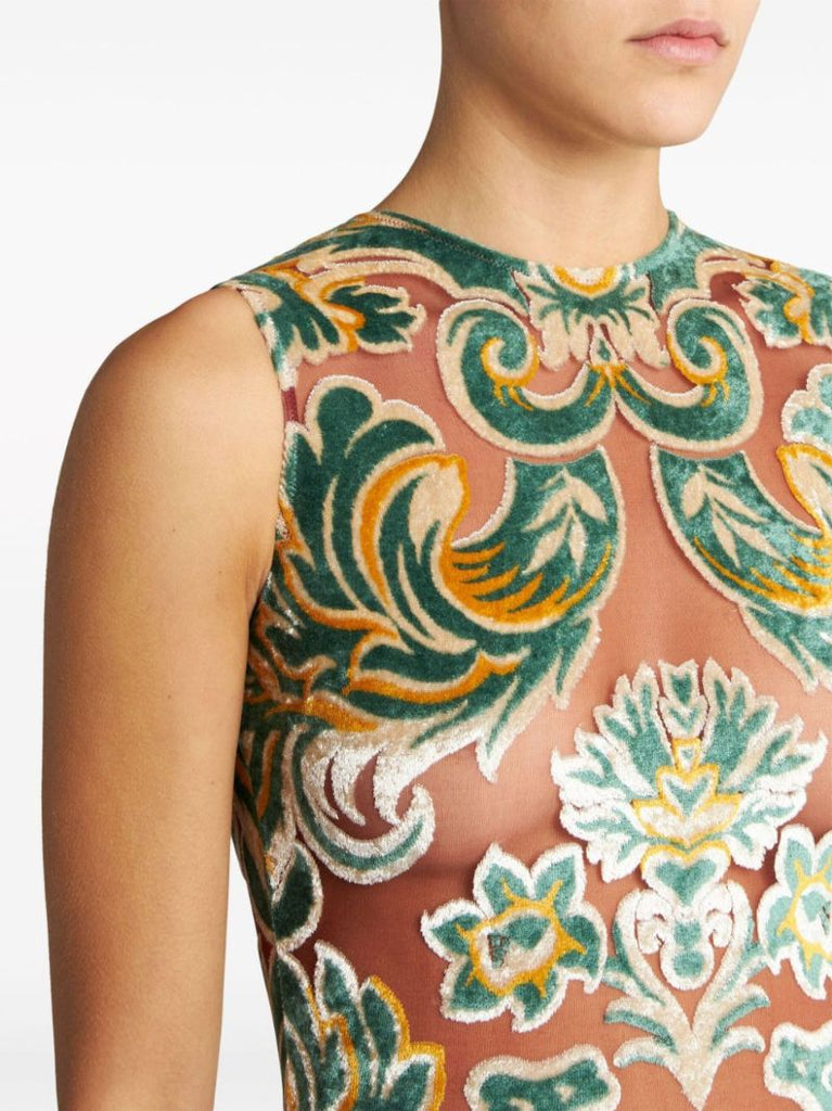 Brown Flocked Mesh Midi Dress