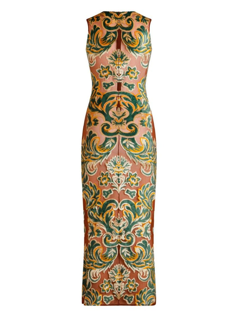 Brown Flocked Mesh Midi Dress