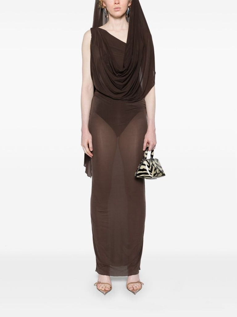 Brown Sash Semi-sheer Maxi Dress