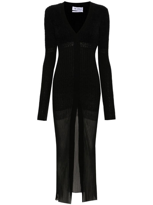 Black V-neck Ribbed Midi Dress