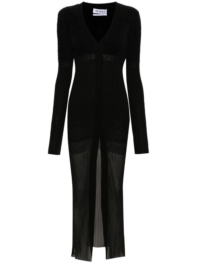 Black V-neck Ribbed Midi Dress