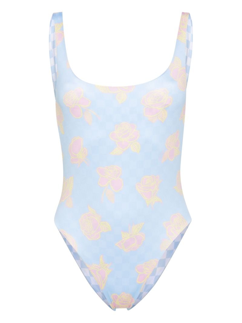 Blue Checkerboard-print Reversible Swimsuit