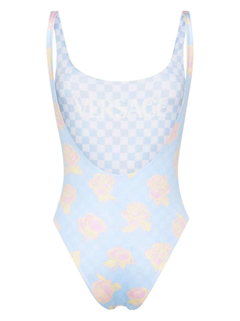 Blue Checkerboard-print Reversible Swimsuit