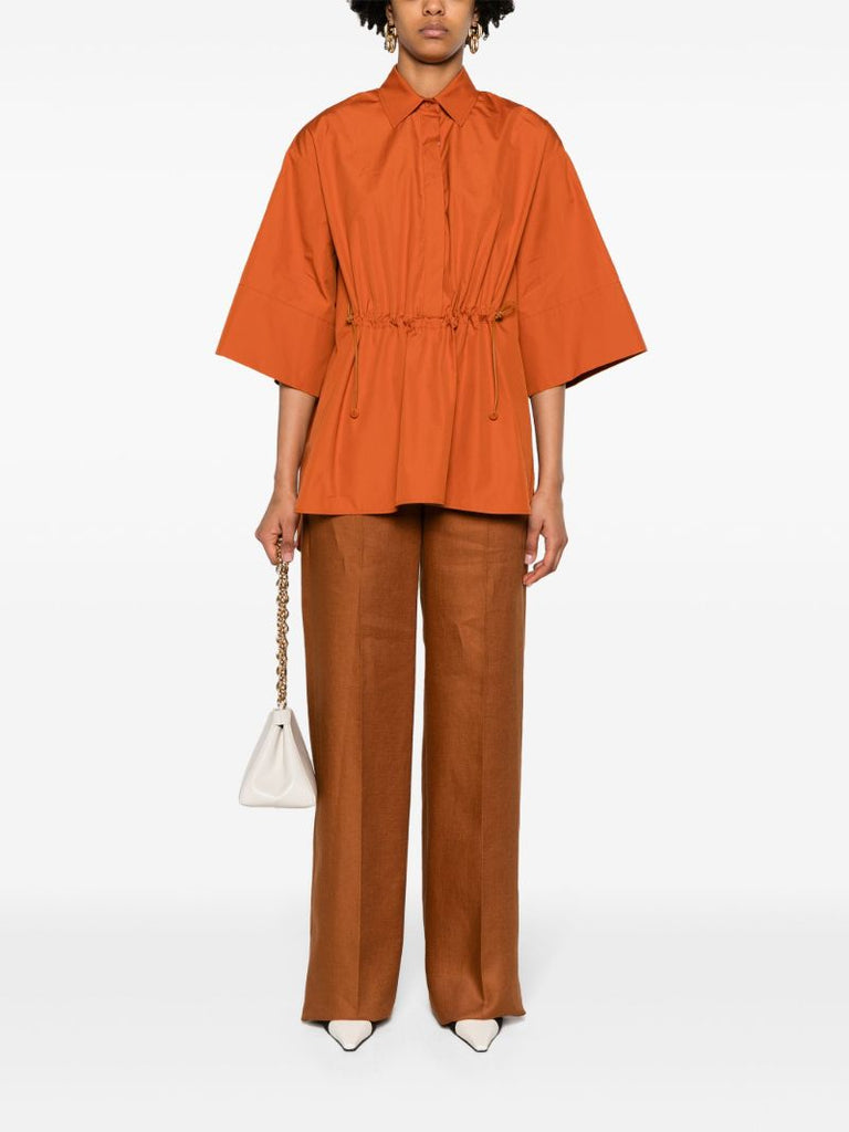 Burnt Orange Drawstring Waistband Cotton Blouse
