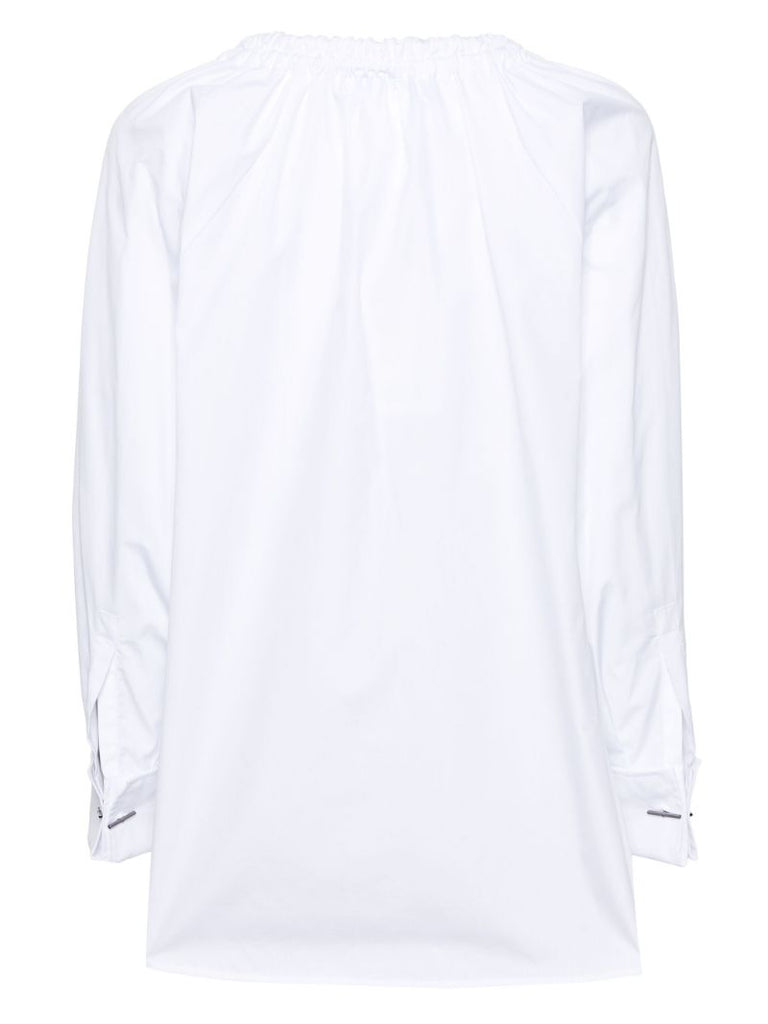 White Drawstring Collar Cotton Blouse