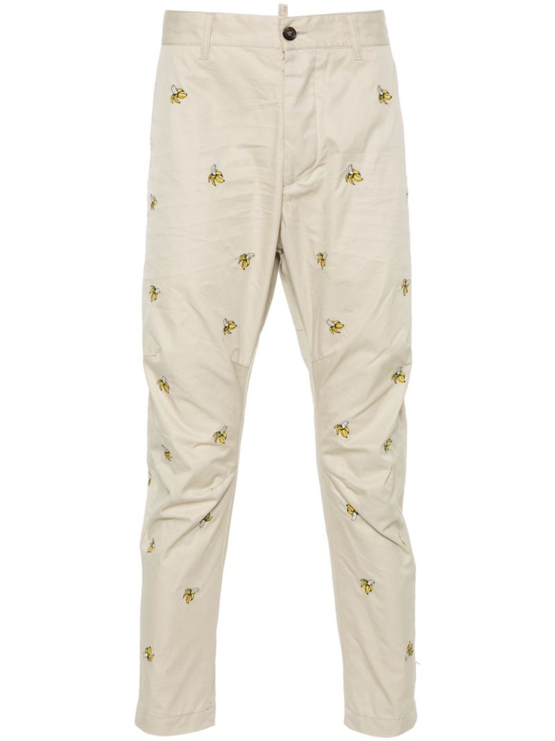 Neutral Embroidered Fruits Cotton Chinos