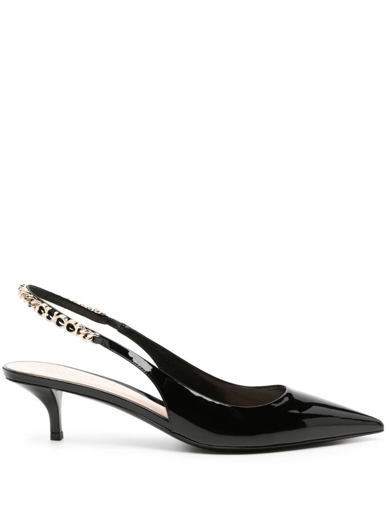 Black Patent Finish Pointed Sling-back Pumps