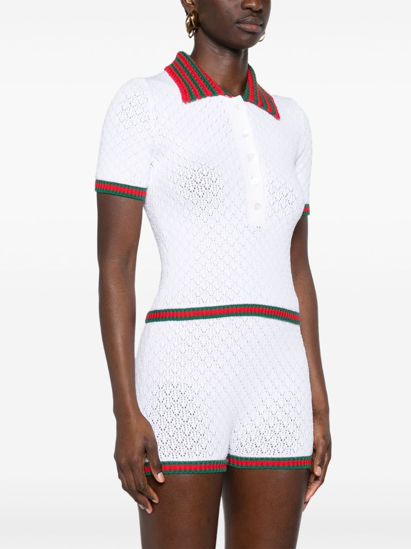 White Web-trim Crochet-knit Polo Top