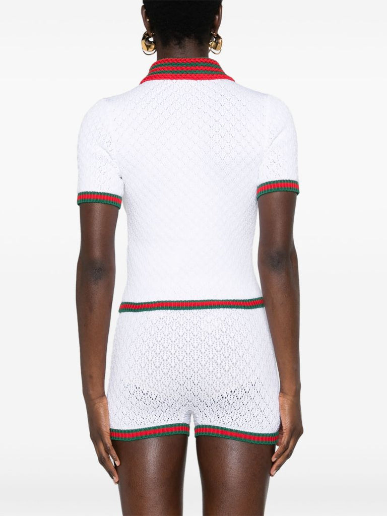 White Web-trim Crochet-knit Polo Top