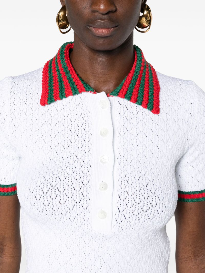 White Web-trim Crochet-knit Polo Top