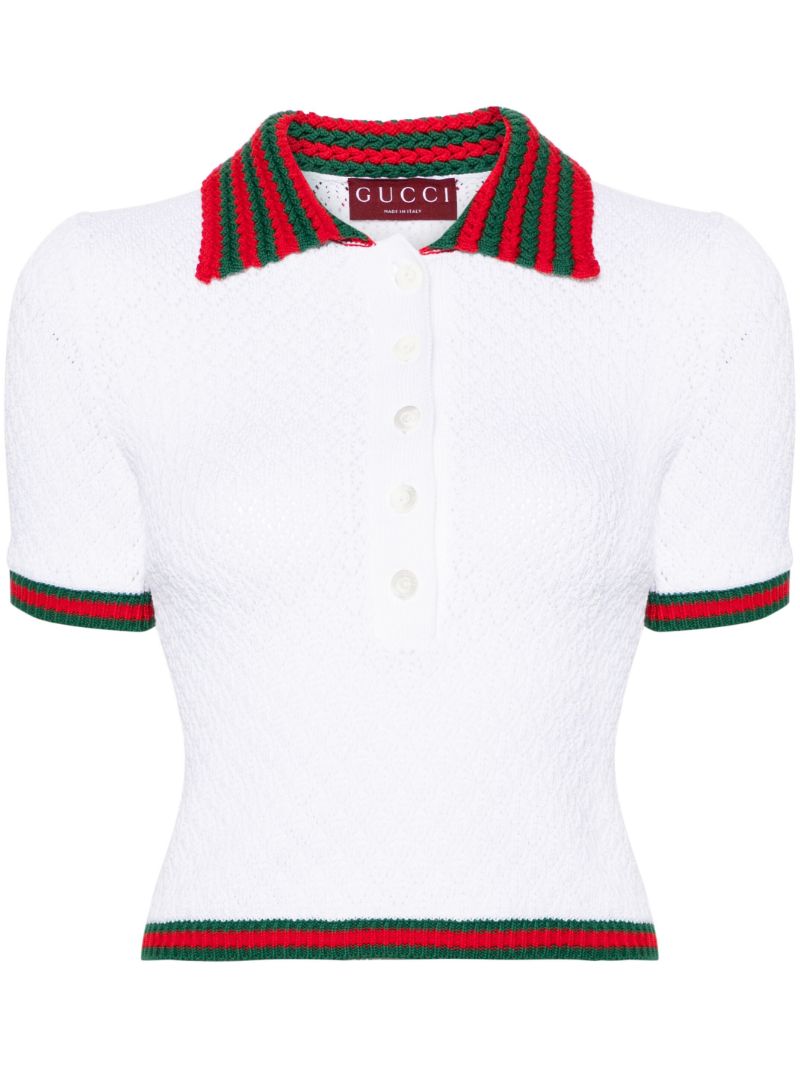 White Web-trim Crochet-knit Polo Top