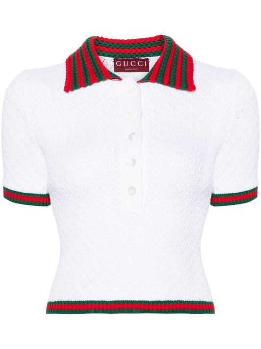 White Web-trim Crochet-knit Polo Top