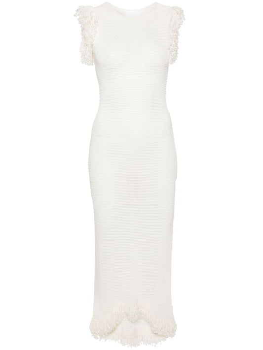 White Fringed Open-knit Maxi Dress