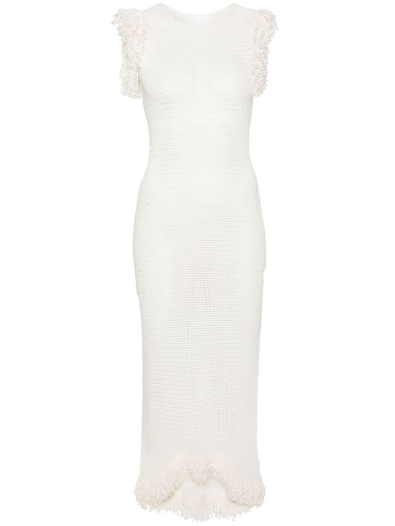 White Fringed Open-knit Maxi Dress