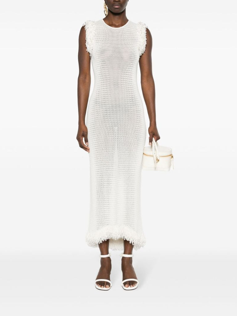 White Fringed Open-knit Maxi Dress