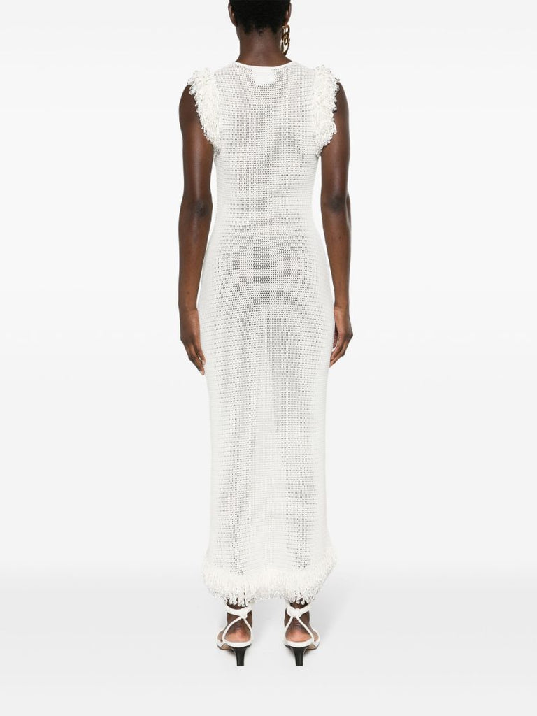 White Fringed Open-knit Maxi Dress