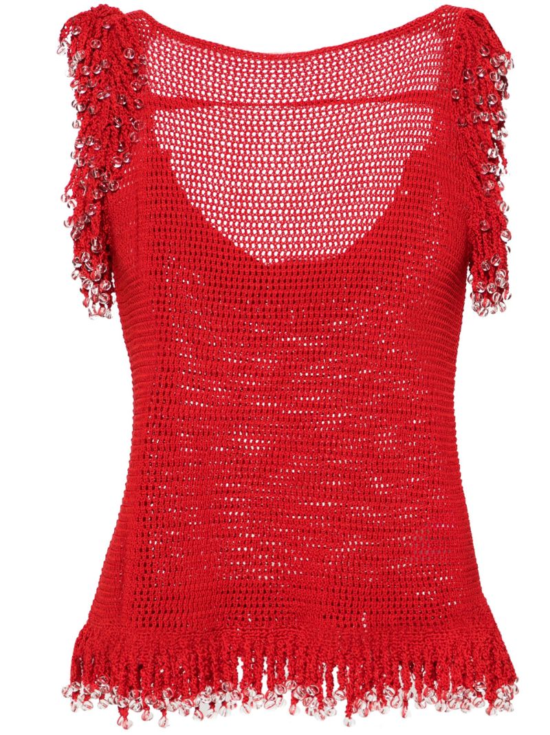 Red Fringed Open-knit Top