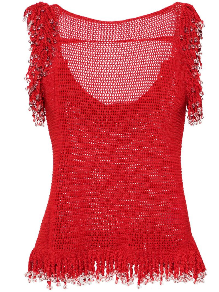 Red Fringed Open-knit Top