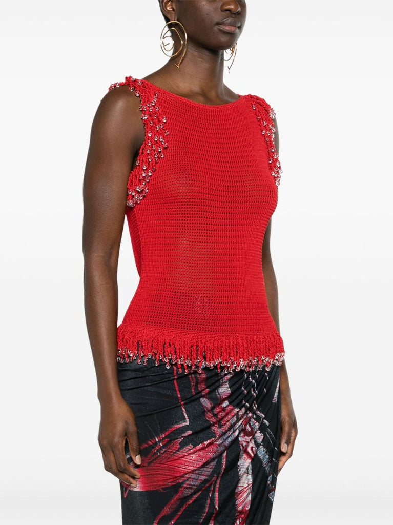 Red Fringed Open-knit Top