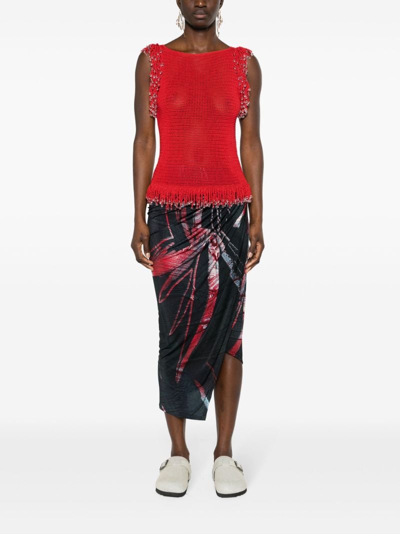 Red Fringed Open-knit Top